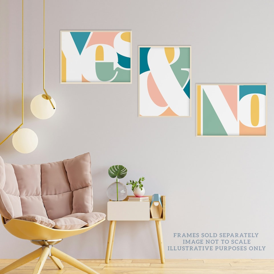image 1 of Set of 3 Symbol Words Yes No Pastel Colour Modern Home Decor Wall Art Prints 12x16 Inch