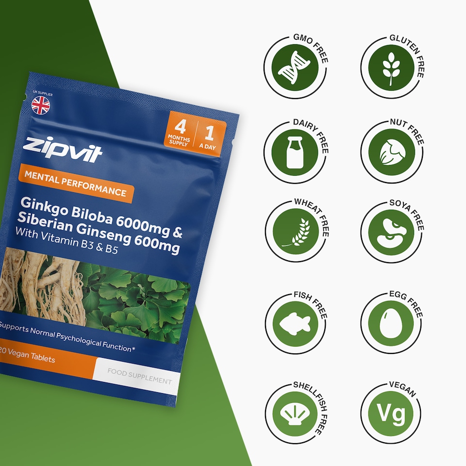 image 1 of Zipvit Ginkgo Biloba 6000mg & Siberian Ginseng 600mg with Vitamin B3 & B5, Energy & Mental Performance, 120 Vegan Tablets, 4-Month Supply