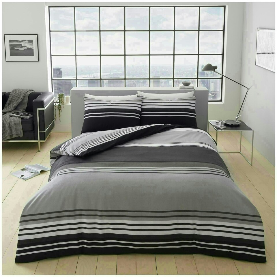 image 1 of VELVETIO Moxie Stripe Duvet Cover Set Reversible Polycotton Easy Care Beddings Black | Single