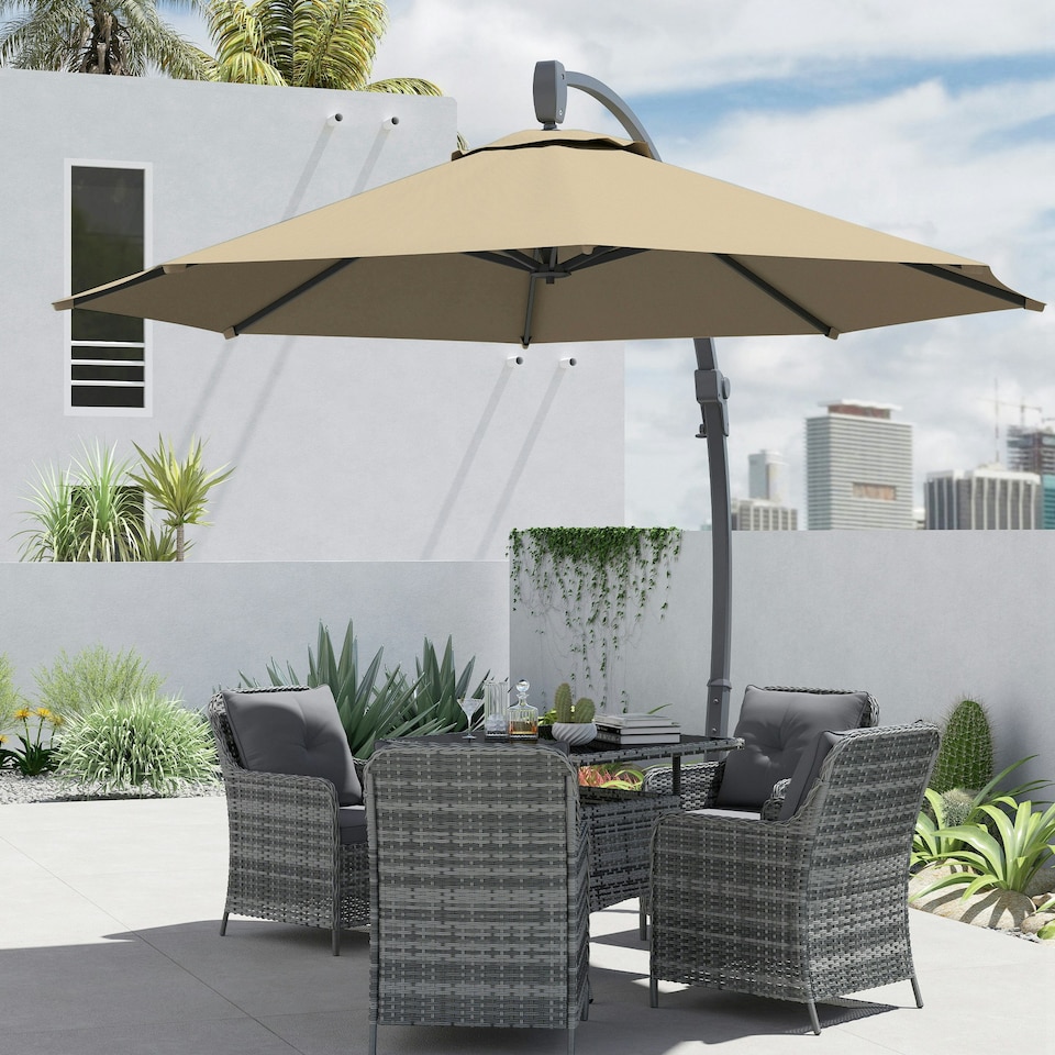 image 1 of Outsunny 3(m) Garden Cantilever Parasol with Crank Aluminium Frame Khaki | Cream | 366L x 294W x 280H cm