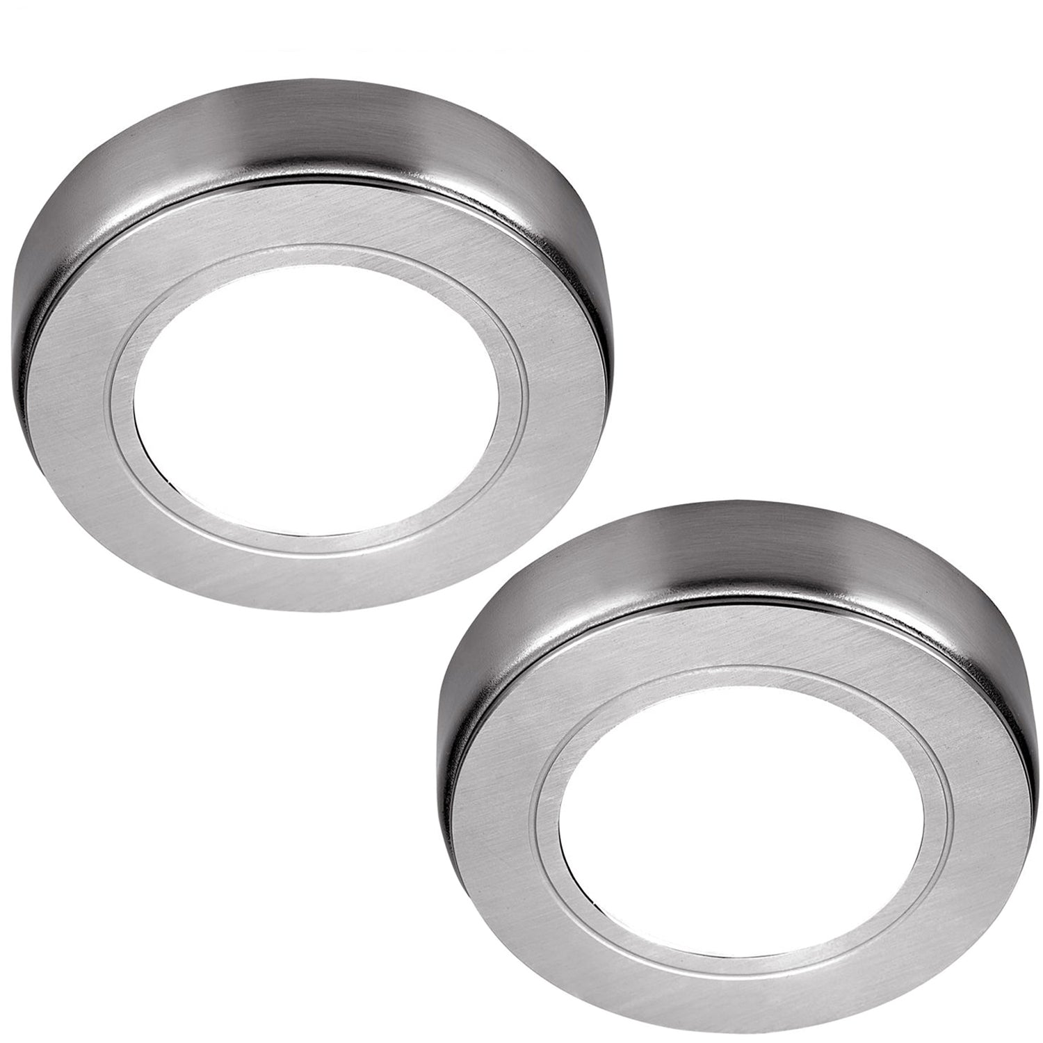 Loops 2x BRUSHED NICKEL Round Surface or Flush Under Cabinet Kitchen Light Kit - 240V Mains Powered - Natural White LED in Metallics