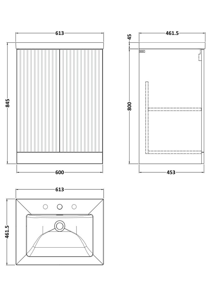 image 1 of Balterley Callingwood Contemporary Floor Standing 2 Door Vanity Unit with 3 Tap Hole Fireclay Basin , 600mm, Dark Grey