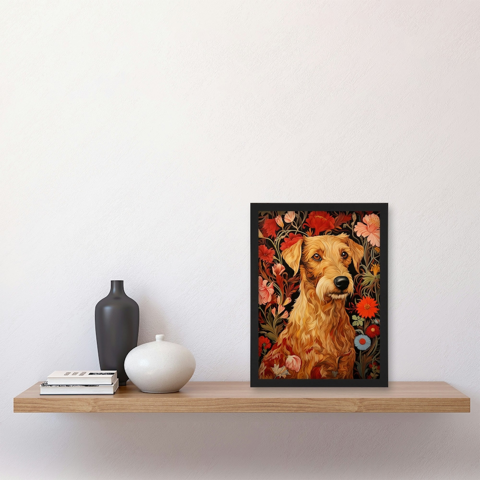 image 1 of Bright Bold Flowers Golden Terrier Dog Black Framed Wall Art Print A4