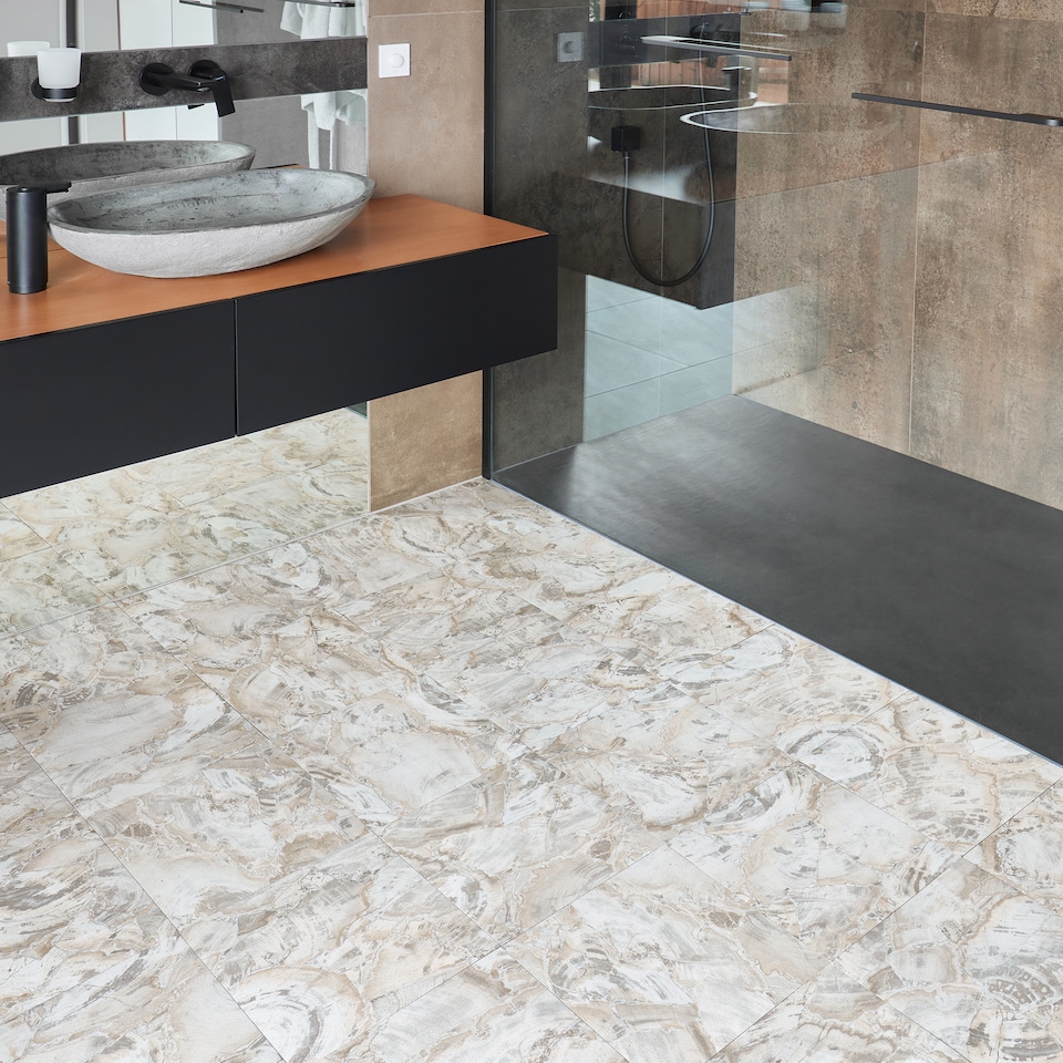 image 1 of NOVECRAFTO Vinyl Floor Tiles Self Adhesive – 12x12in Peel and Stick Flooring for Kitchen, Bathroom & Living Room – Beige Marble Flow Design | Brown | 2.79 sqm