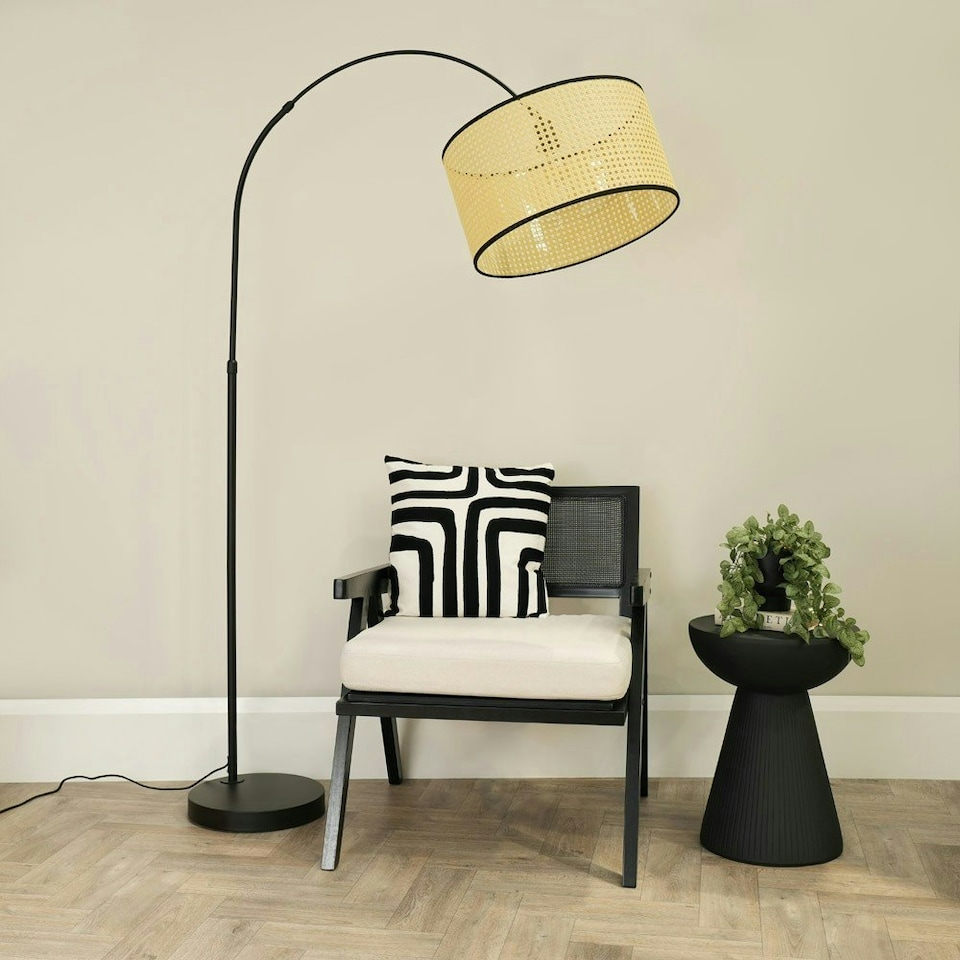 image 1 of ValueLights Louis Black Arched Curved Floor Lamp Natural Cane Shade
