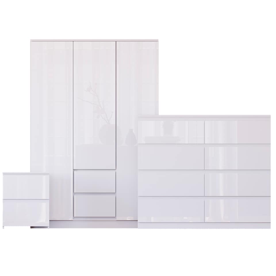 image 1 of Vida Designs Glinton 3 Piece FSC Certified Bedroom Set (2 Drawer Bedside Chest, 8 Drawer Chest, 3 Door 2 Drawer Wardrobe), White | White | White | L | 3