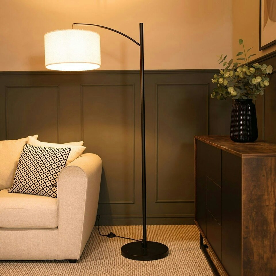 image 1 of ValueLights Preto Black Metal Curve Stem Floor Lamp with a Cream Boucle Shade Cream