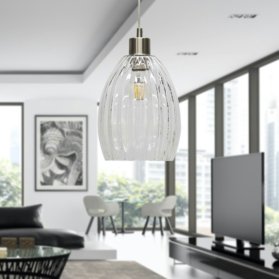 image 1 of First Choice Lighting Set of 2 Birch Clear Fluted Glass with Satin Nickel Pendant Fittings Silver | Clear