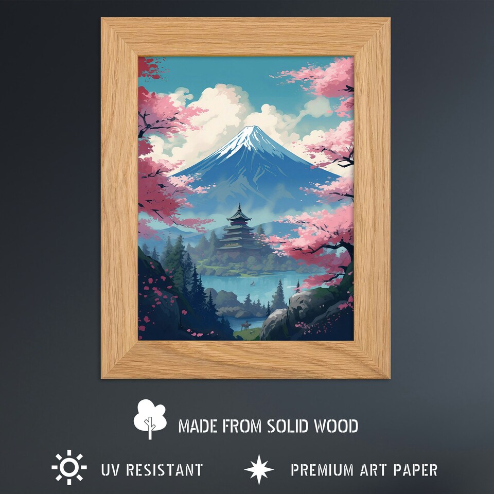 image 1 of Japanese Temple Mount Fuji Lake Cherry Blossoms Art Oak Wood Framed Wall Print