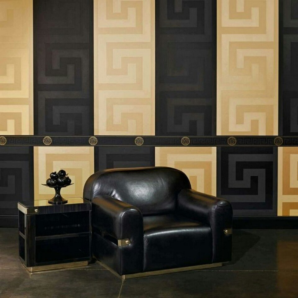image 1 of Versace Medusa Wallpaper Border - Black/Gold - 5m x 13cm Black