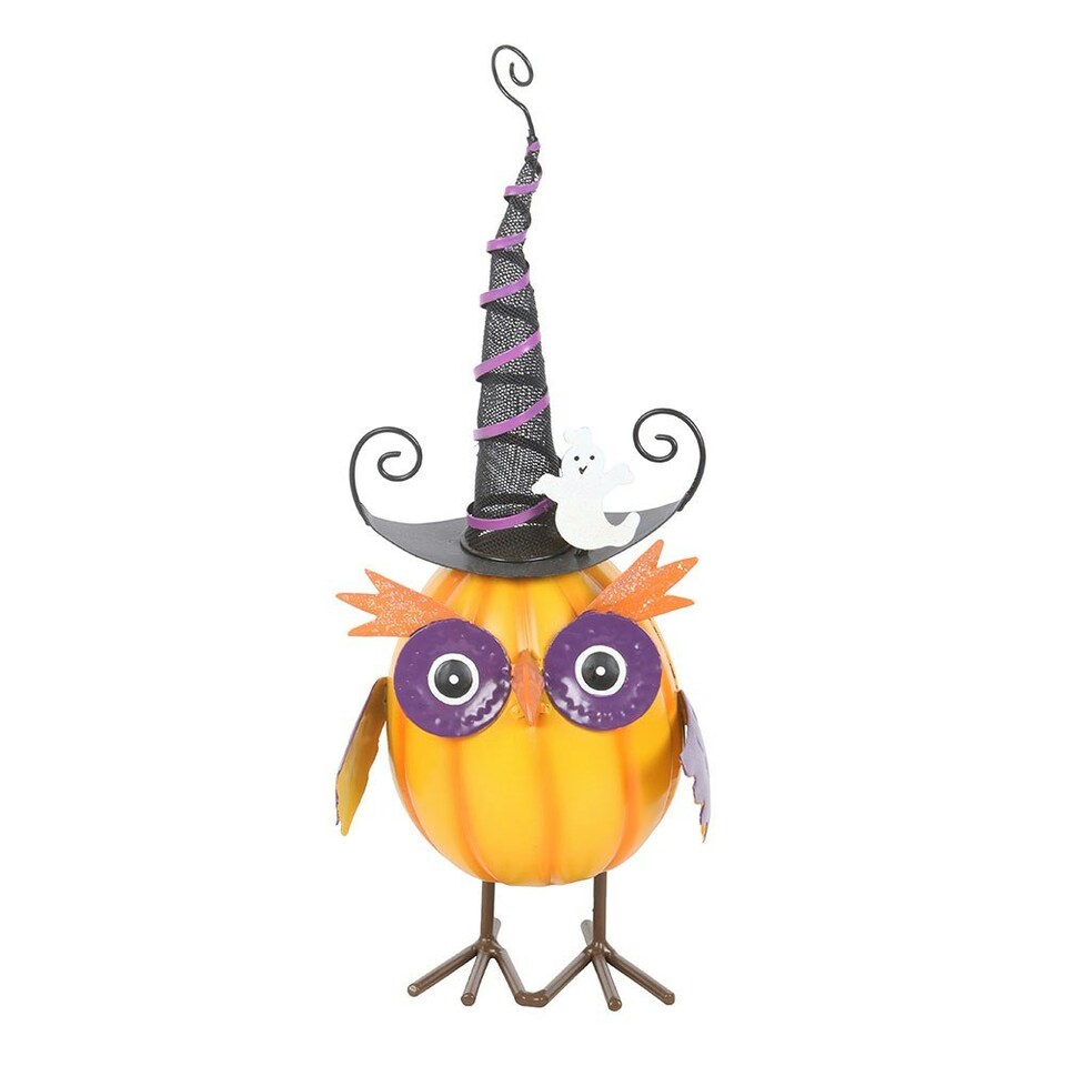 image 1 of Orange Metal Owl Ornament with Witch Hat and Ghost