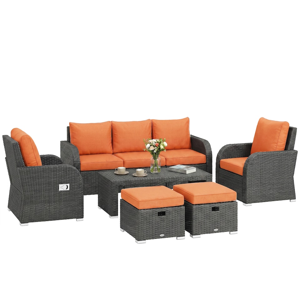 image 1 of Outsunny Rattan Garden Furniture Set with Recliners, Footstools, Orange