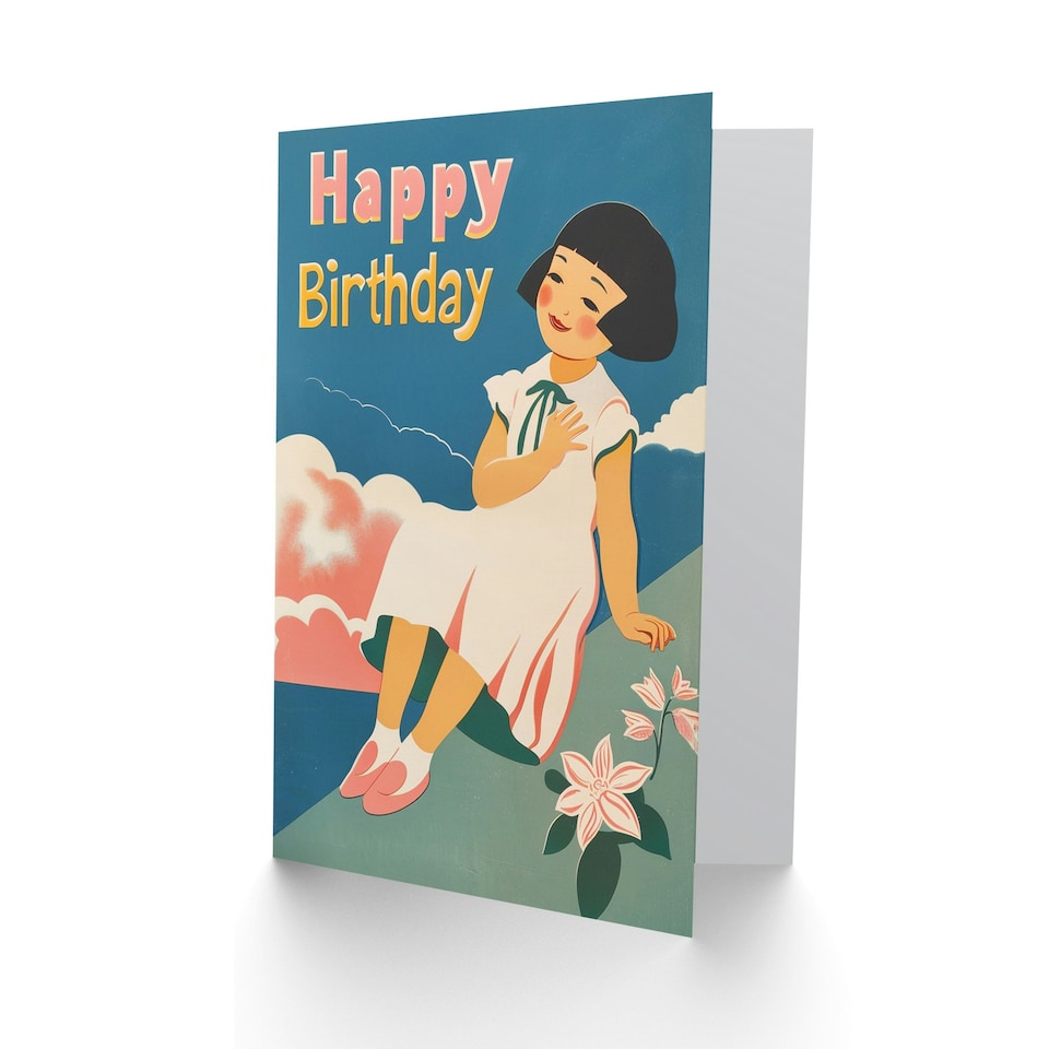 image 1 of Little Girl Pink Clouds Grass Retro Style Child Kids Birthday Card
