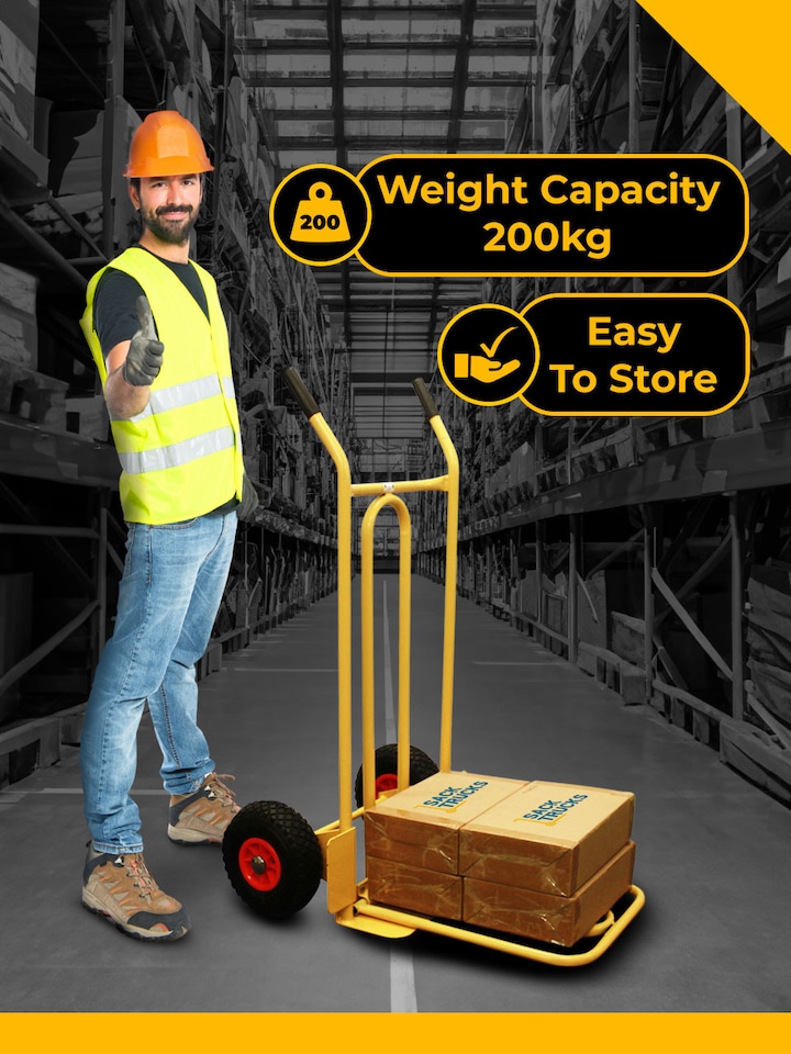 image 1 of CGV380 Heavy Duty Folding & Fixed Toe Sack Truck, Pneumatic Wheels with 200kg Capacity, Yellow | Yellow