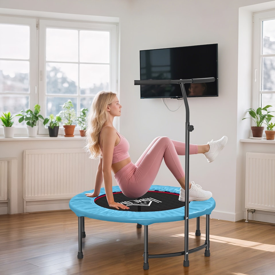 image 1 of HOMCOM Mini Trampoline, Rebounder Jumper with Adjustable Handle, Blue