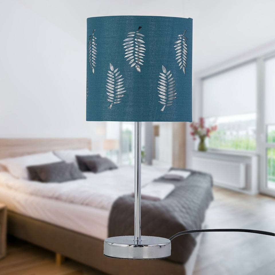image 1 of First Choice Lighting Set of 2 Chrome Touch Operated Table Lamps with Teal Fern Shades Chrome | Green