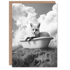 Fox in Bathtub in a Field Black White Surreal Birthday Greeting Card