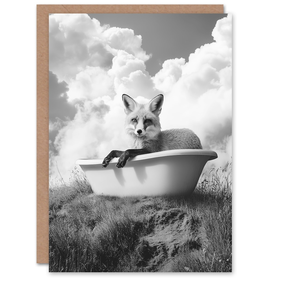 image 1 of Fox in Bathtub in a Field Black White Surreal Birthday Greeting Card