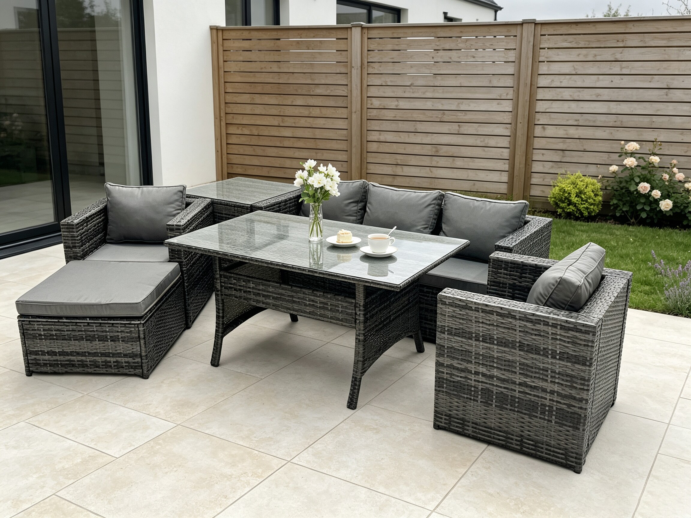 Fimous PE Wicker Rattan Garden Furniture Set Outdoor Rectangular Dining Table Lounge Sofa Chair with Side Table Stool 6 Seater