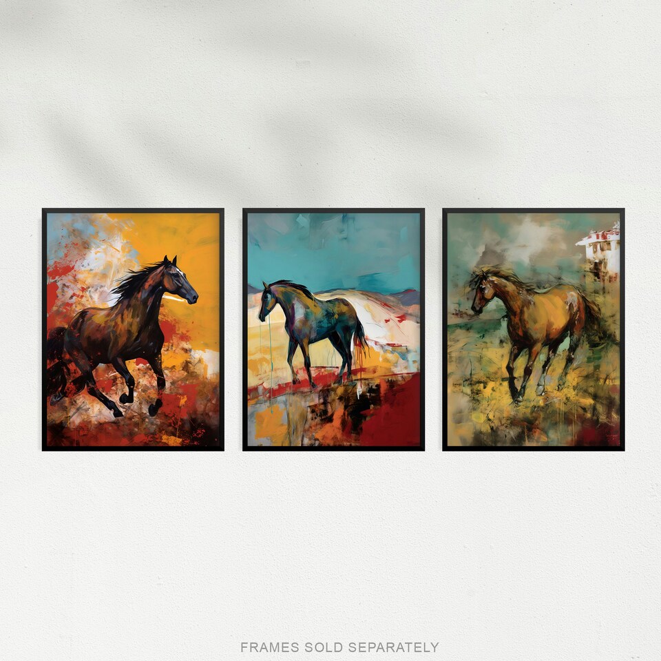 image 1 of Set of 3 Wild Horses Oil Paintings Galloping Wilderness Canada Wall Art Print A4
