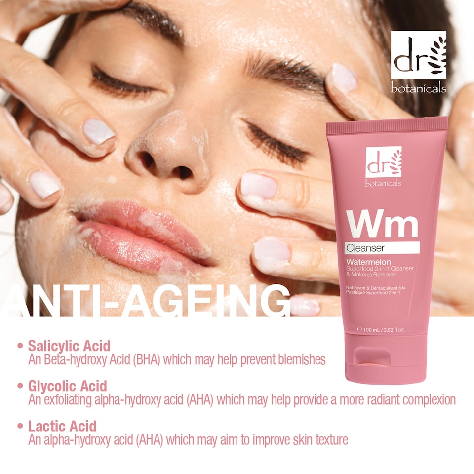 image 1 of Dr Botanicals Watermelon 2-in-1 Cleanser & Makeup Remover with Glycolic Acid, Salicylic Acid and Lactic Acid 100ml