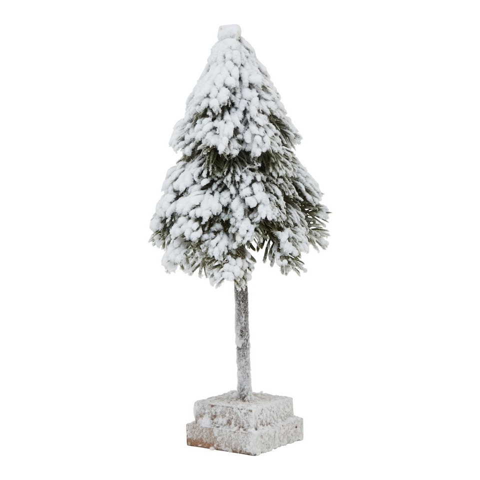 image 1 of Small Snowy Cedar Tree on Wood Block - Plastic - Height 30 cm - Brown