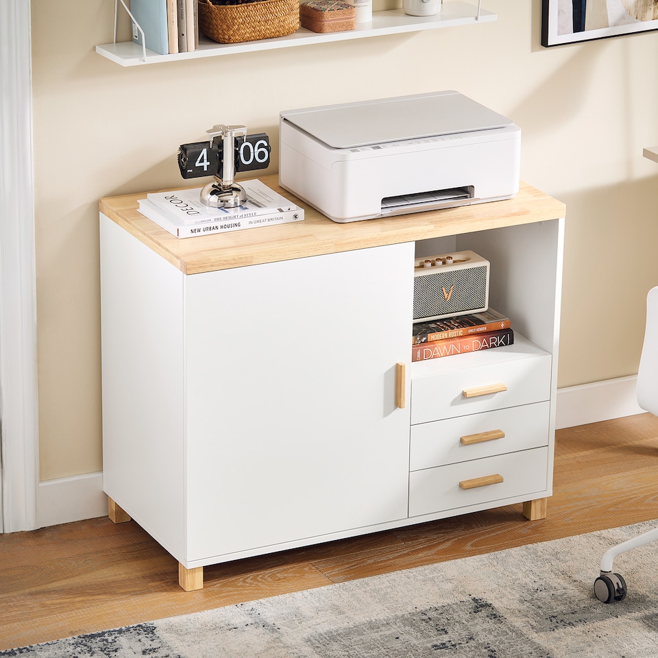 image 1 of SoBuy Printer Stand Under Desk Storage Cabinet with Open Shelf and 3 Drawers, White & Natural Wood, 35.4x17.7x29.5 in, 45.1 kg - ASK07-WN