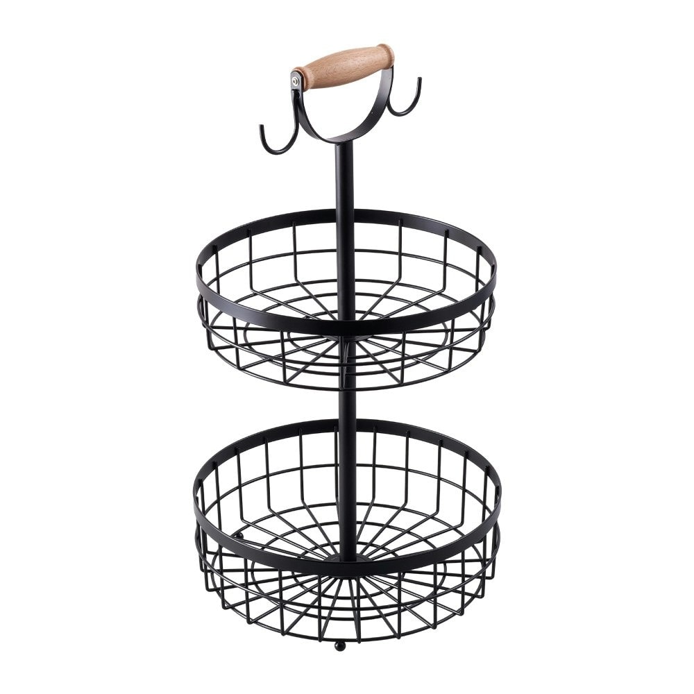 Living and Home 2-Tier Fruit Basket with Hangers and Wooden Handle
