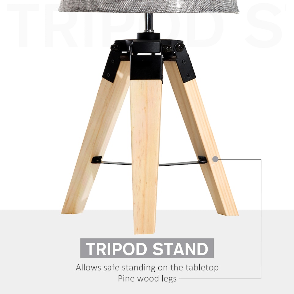 image 1 of HOMCOM Wooden Tripod Table Lamp for Side, Desk or End Table with E27 Bulb Base Grey Shade