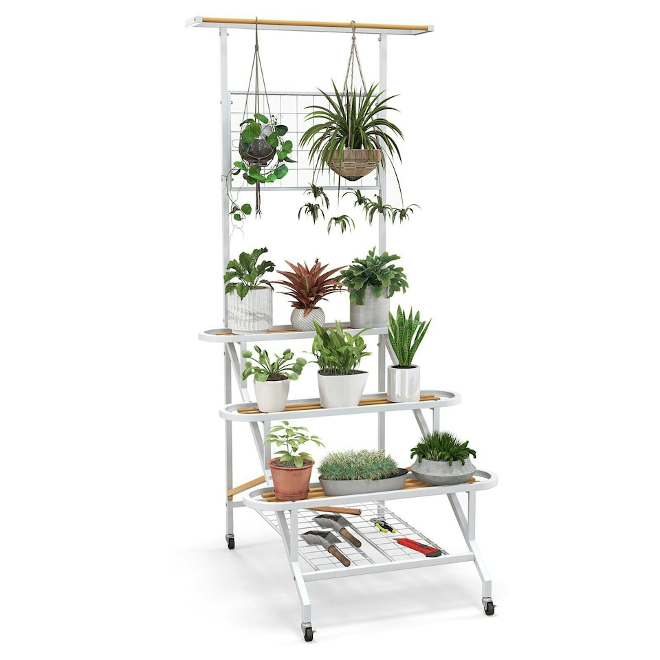 image 1 of COSTWAY 4-Tier Hanging Plant Stand Ladder Shelf  Plant Holder | White