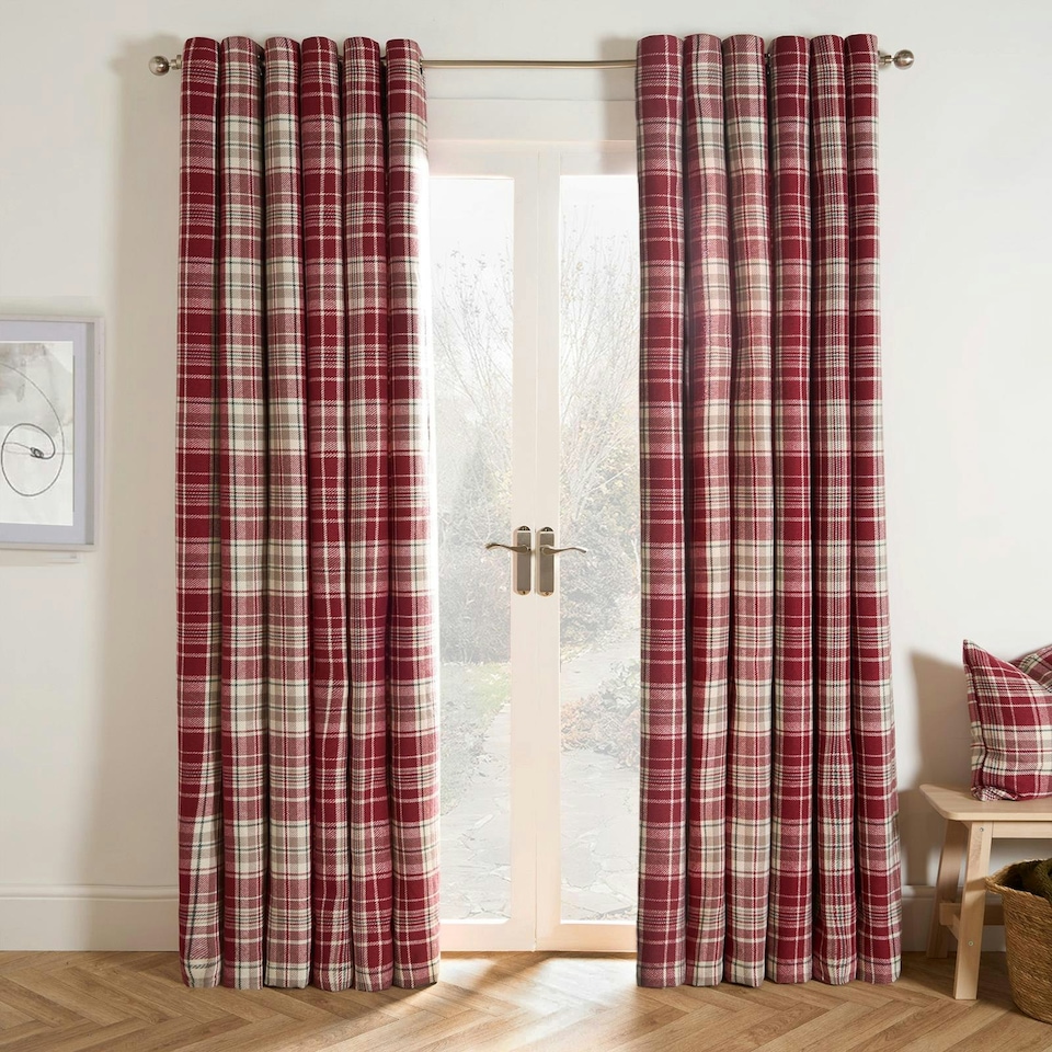 image 1 of OHS Dorest Woven Check Thermal Blackout Lined Eyelet Curtains, 46x72" - Red