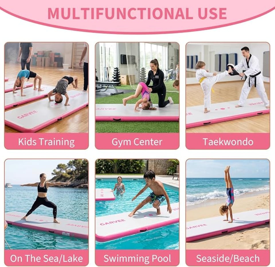 image 1 of London Boutique 13FT*3.3FT Inflatable PVC Gym Mat, Brushed Pink Non Slip Air Tumbling Mat for Yoga and Water Activities