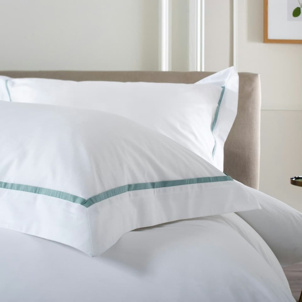 image 1 of Hampstead 100% Cotton Duvet Cover Set – 200 Thread Count with Inserted Ribbon & Oxford Pillowcases Green | White | King
