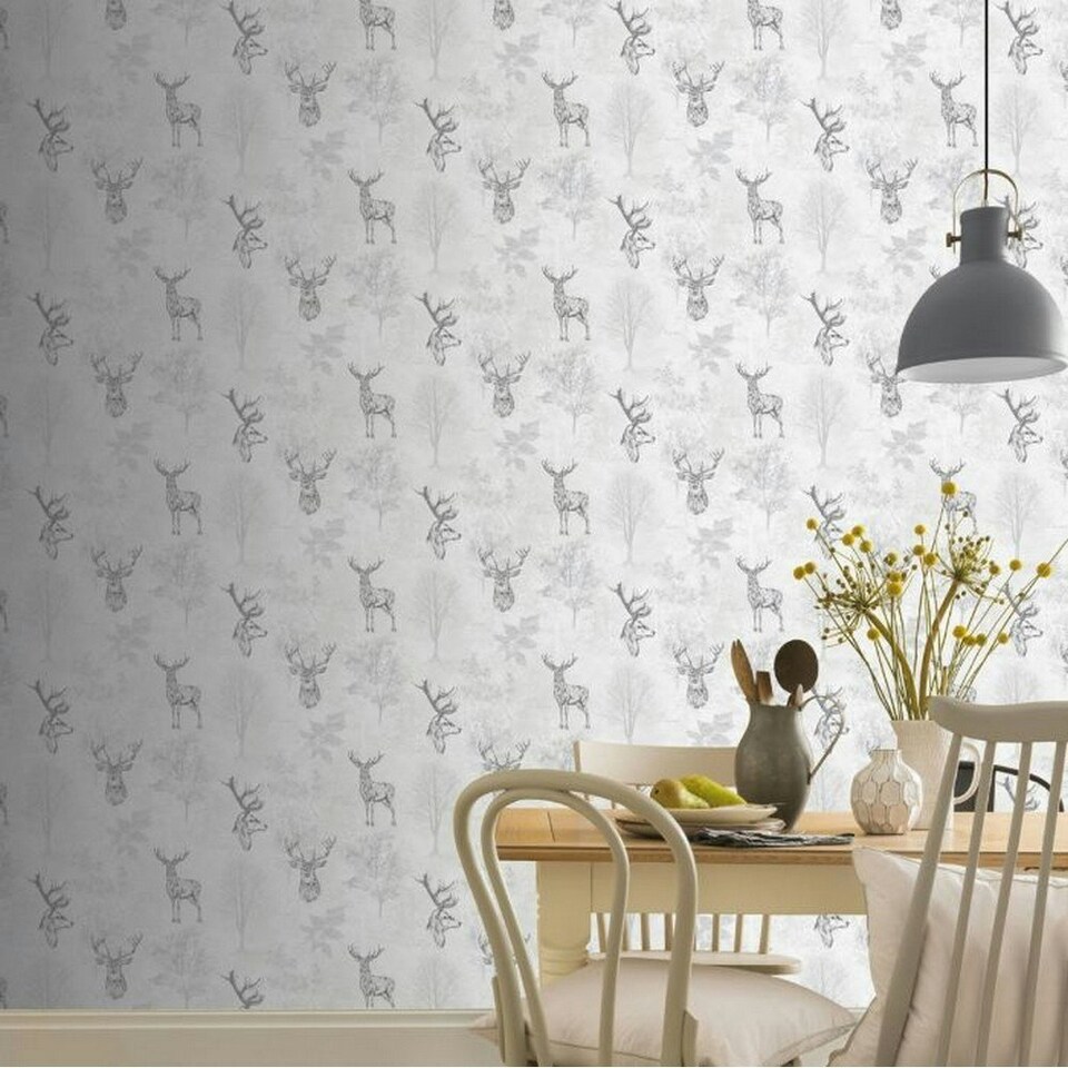image 1 of Arthouse Etched Stag Wallpaper - Silver - 10m x 52cm Silver