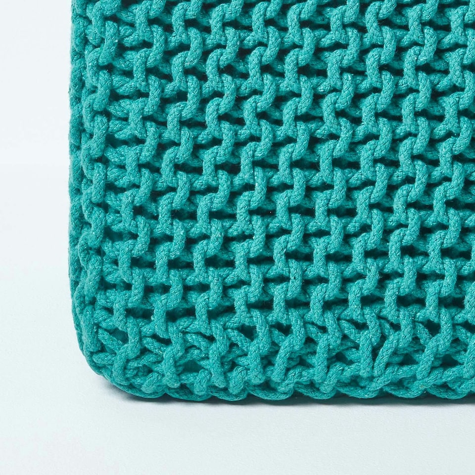 image 1 of Homescapes Teal Green Cube Cotton Knitted Pouffe Footstool