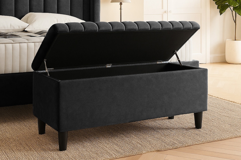 image 1 of 137cm Lined Upholstered Ottoman Storage box - Black Plush Velvet Blanket Storage Box with Wooden Legs