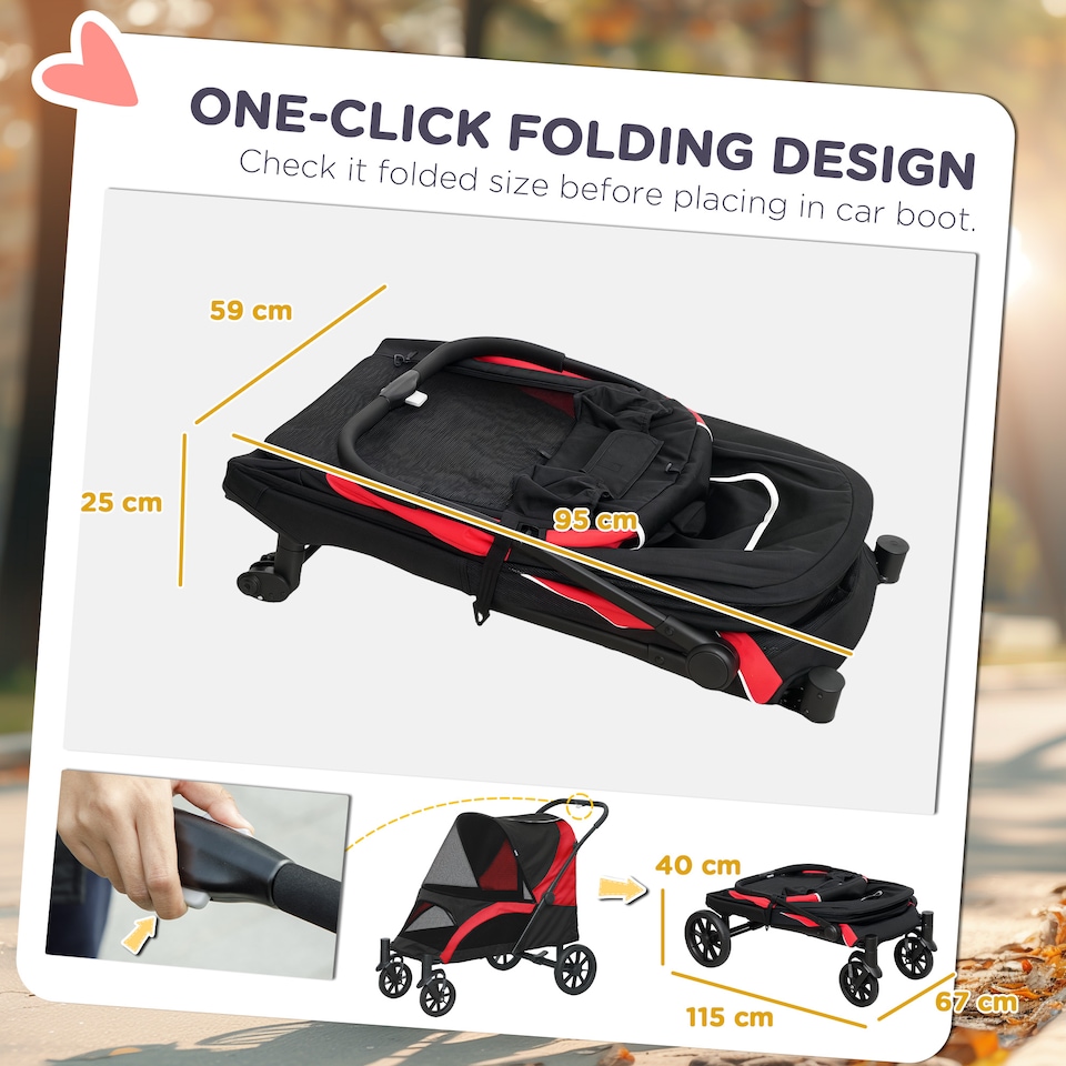 image 1 of PawHut Foldable Pet Stroller with 4 Big Wheels for Medium Dogs, Red/Black