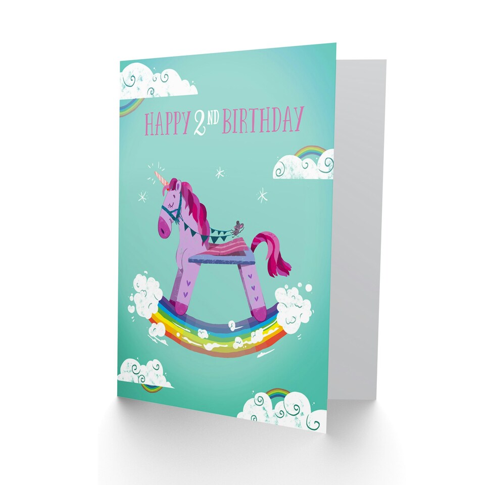 image 1 of Rainbow Rocking Unicorn Cartoon Age 2 Year Old Kids 2nd Birthday Card