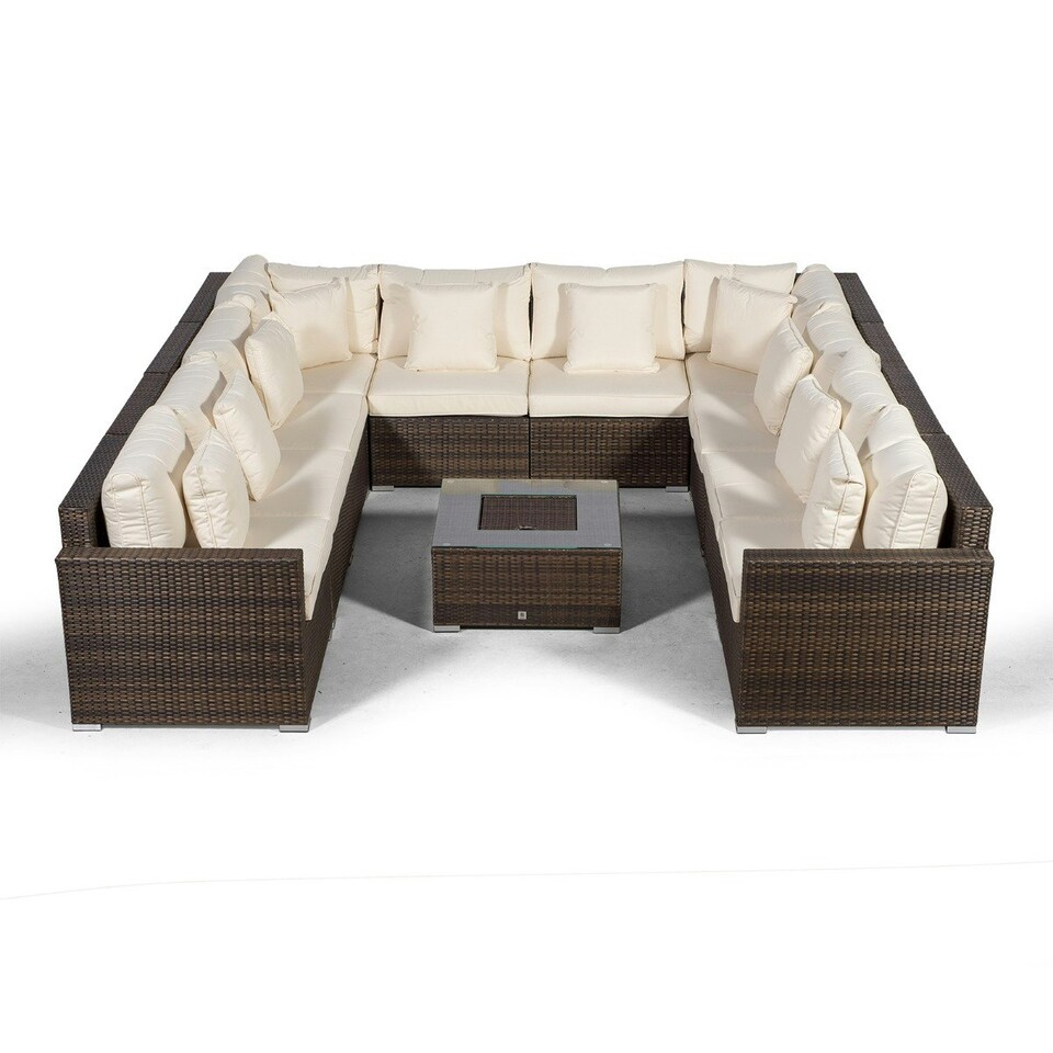 image 1 of Havana 10 Seat Rattan Sofa Conversation Set with Ice Bucket Coffee Table Brown | Ivory