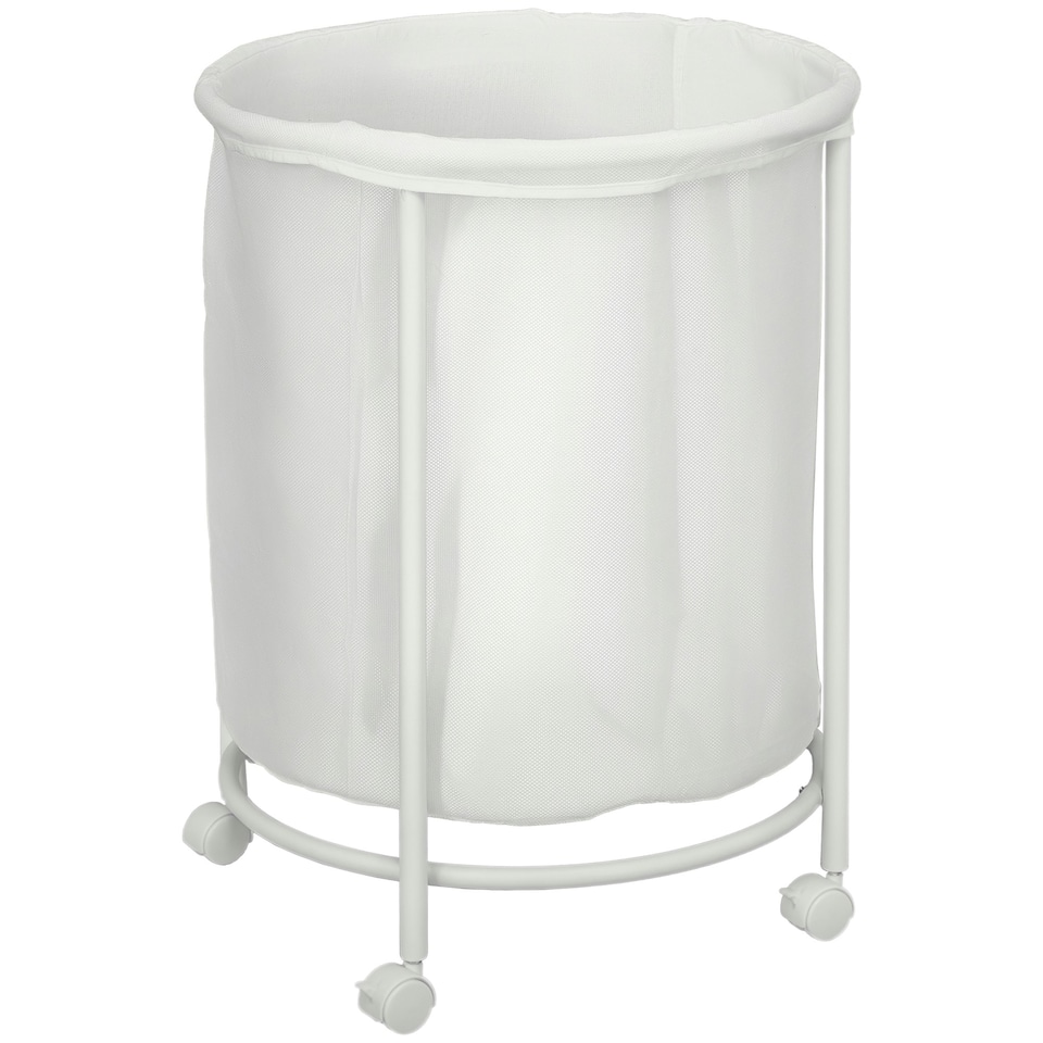image 1 of HOMCOM 100L Round Laundry Hamper with Wheels for Bedroom Bathroom Cream White
