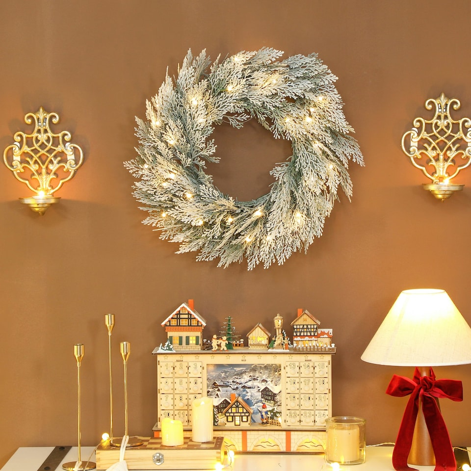 image 1 of HOMCOM 60 cm Prelit Christmas Wreath, Flocked Front Door Wreath with Timer
