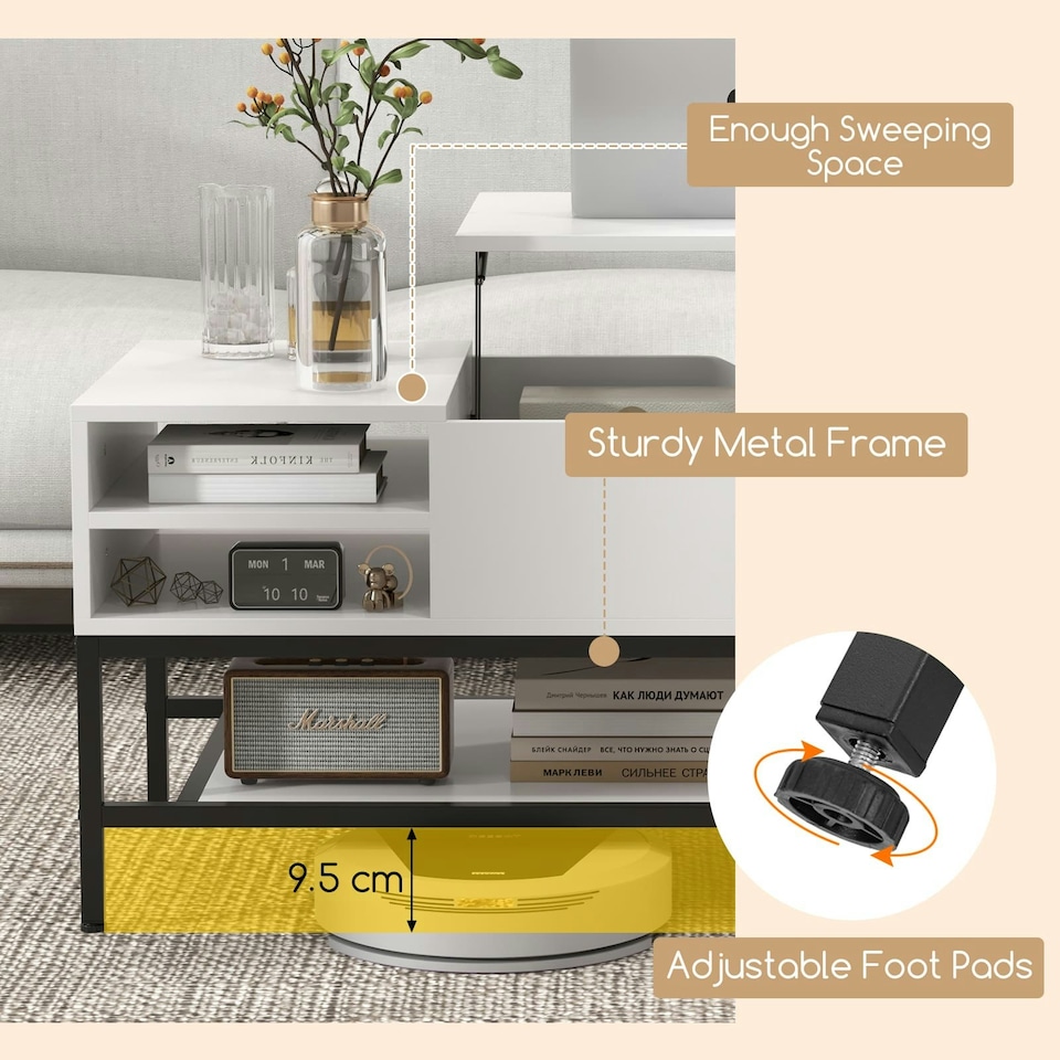 image 1 of COSTWAY Lift Top Coffee Table w/ Storage Shelf White White