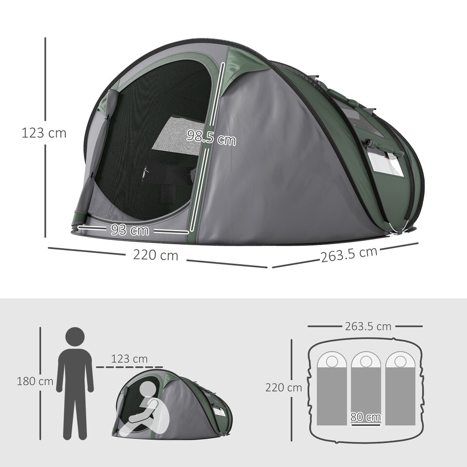 image 1 of Outsunny Camping Tent Dome Pop-up Tent with Windows for 3 Person Dark Green
