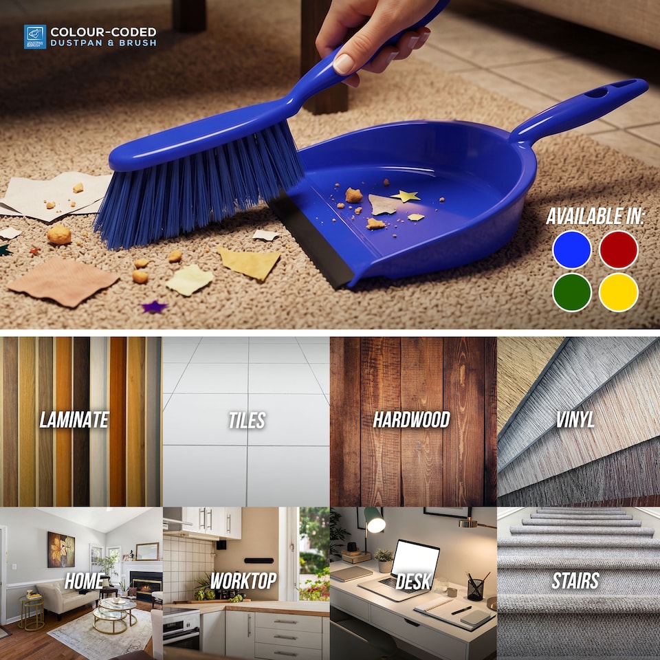 image 1 of Colour Coded Dustpan and Brush Sets Wide Plastic Dustpan with Rubber Lip and Soft Bristle Brush