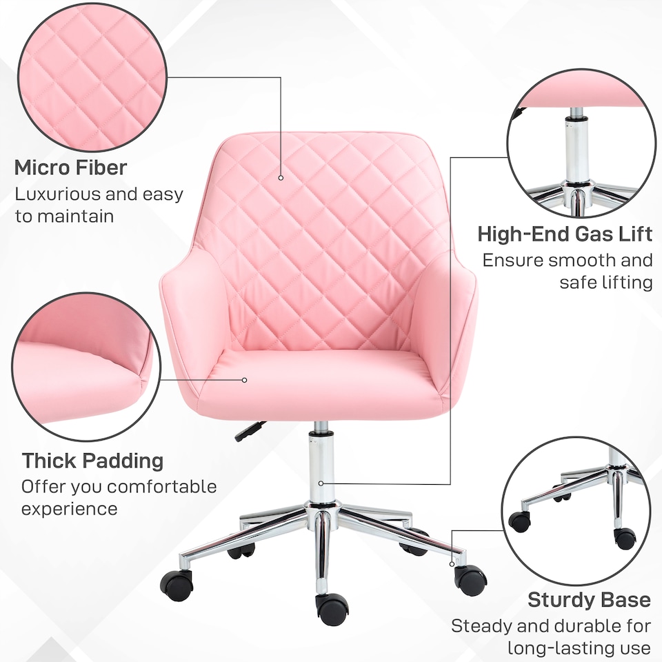 image 1 of Vinsetto Office Desk Chair, Leather-Feel Fabric Computer Swivel Chair with Rolling Wheels and Adjustable Height for Home, Pink