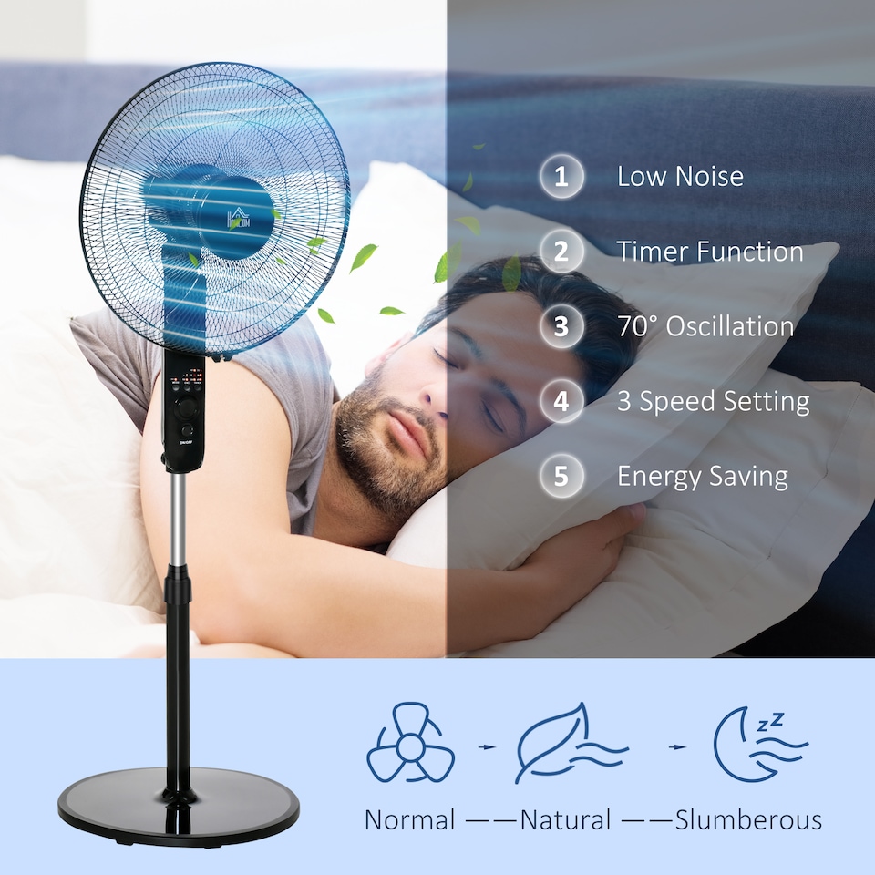 image 1 of HOMCOM 18 Pedestal Fan with Sleep Mode, Oscillating Standing Fan with 3 Modes, Remote Control, Floor Fan with Adjustable Height, 3 Speed, 7.5-Hour Timer, Black