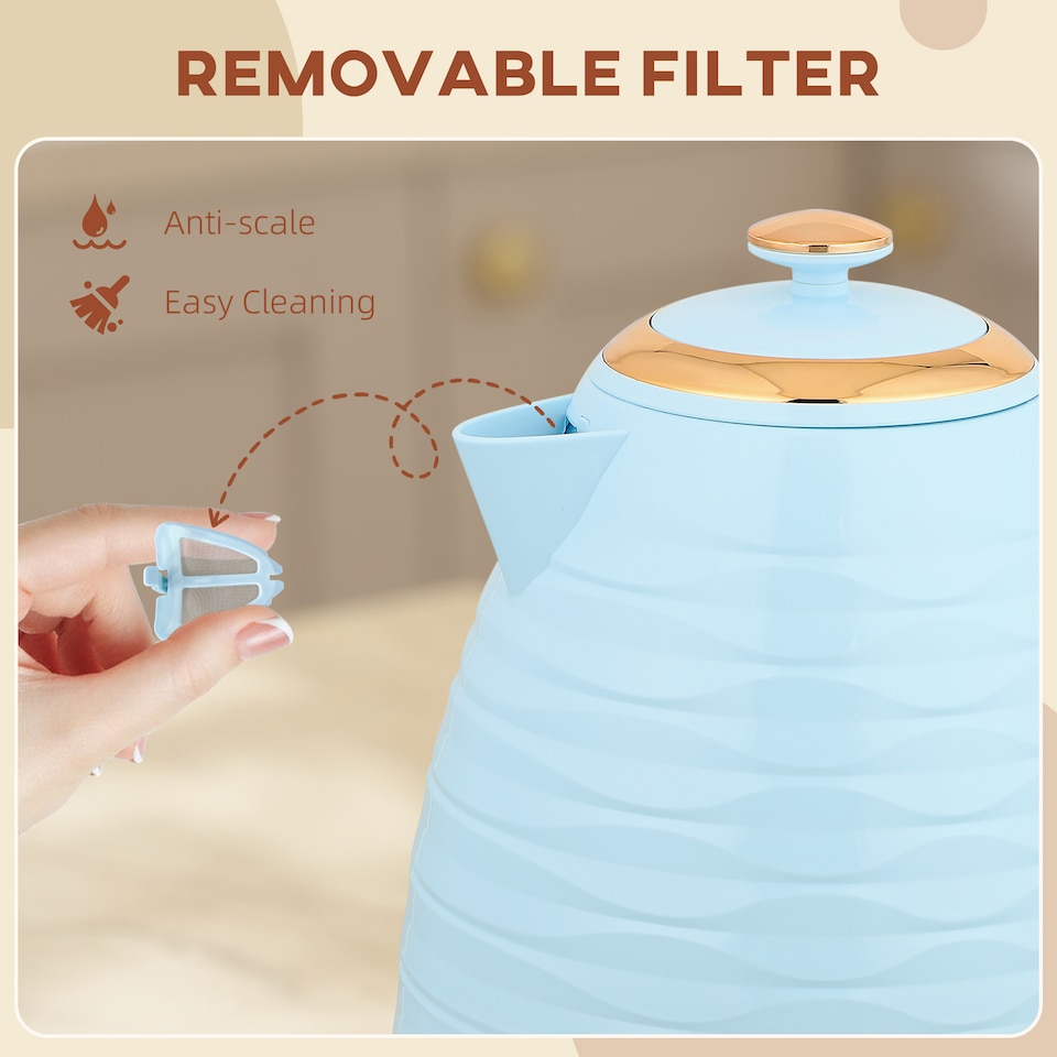 image 1 of HOMCOM Electric Kettle, Fast Boil, 1.7L, 3kW, Swivel, Light Blue Ripple | Blue | Light Blue, Rose Gold