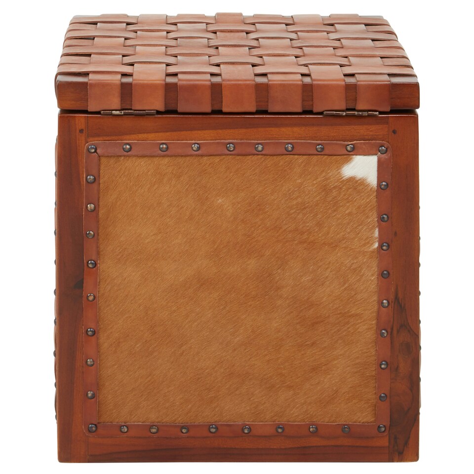image 1 of Storage Stool With Metallic Stud Trim,Teak Wood Seat With Hair-on-Leather Base,Latticed Leather Top Stool Brown