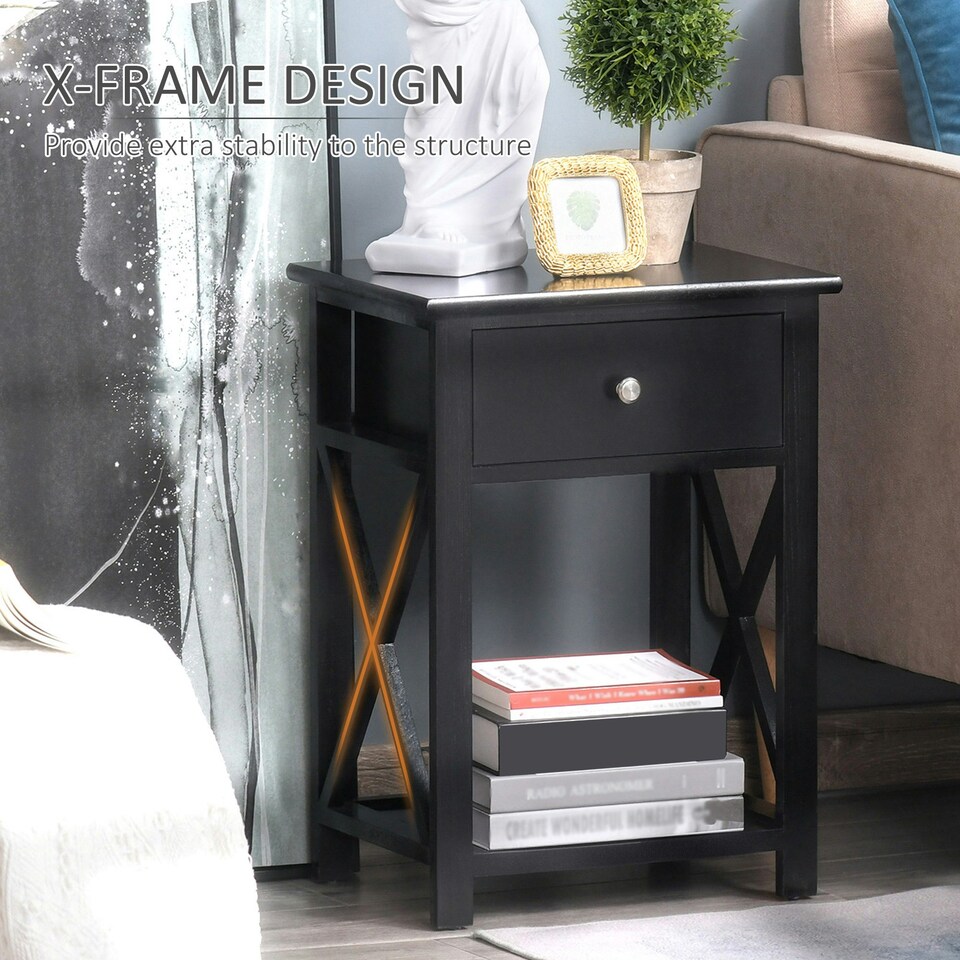 image 1 of HOMCOM 55cm End Side Table w/ Drawer Shelf Stand Black Black