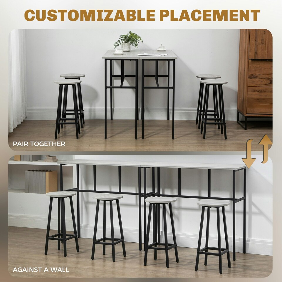 image 1 of HOMCOM 6-Piece Industrial Bar Table Set, 2 Kitchen Tables with 4 Stools, Grey